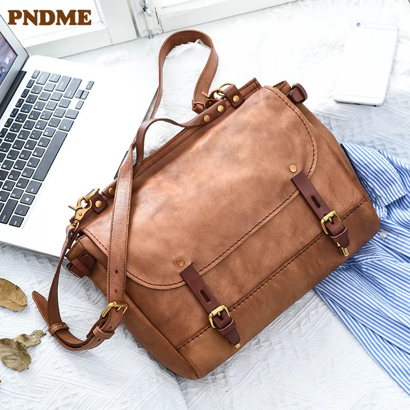 PNDME business high quality genuine leather men's tablet messenger bag outdoor travel work natural real cowhide A4 shoulder bag
