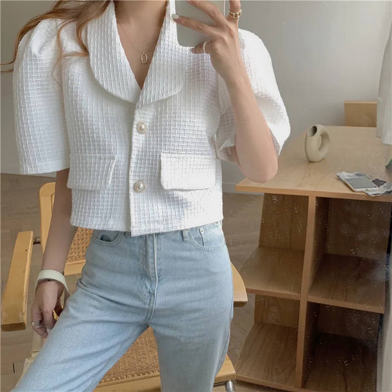 

2021 Elegant Women Short Jacket Retro Loose Puff Sleeve Single-breasted Jackets Temperament Pure Color Ladies Top Autumn Casual