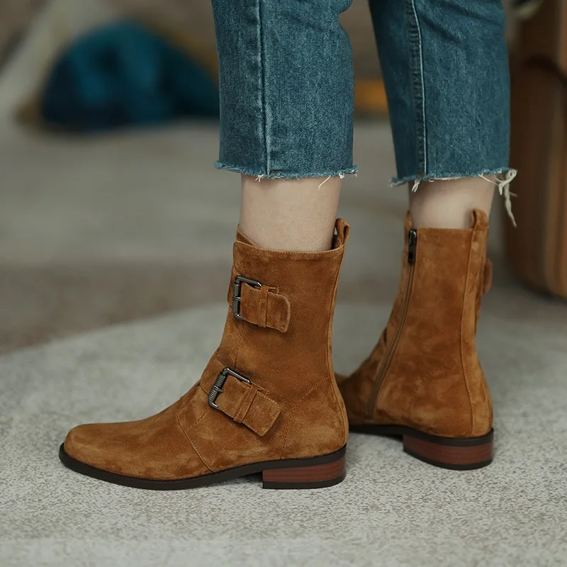 

women shoes kid-suede leather ankle boots fashion short boots for ladies cowboy ankle boots women thick heel boots new design