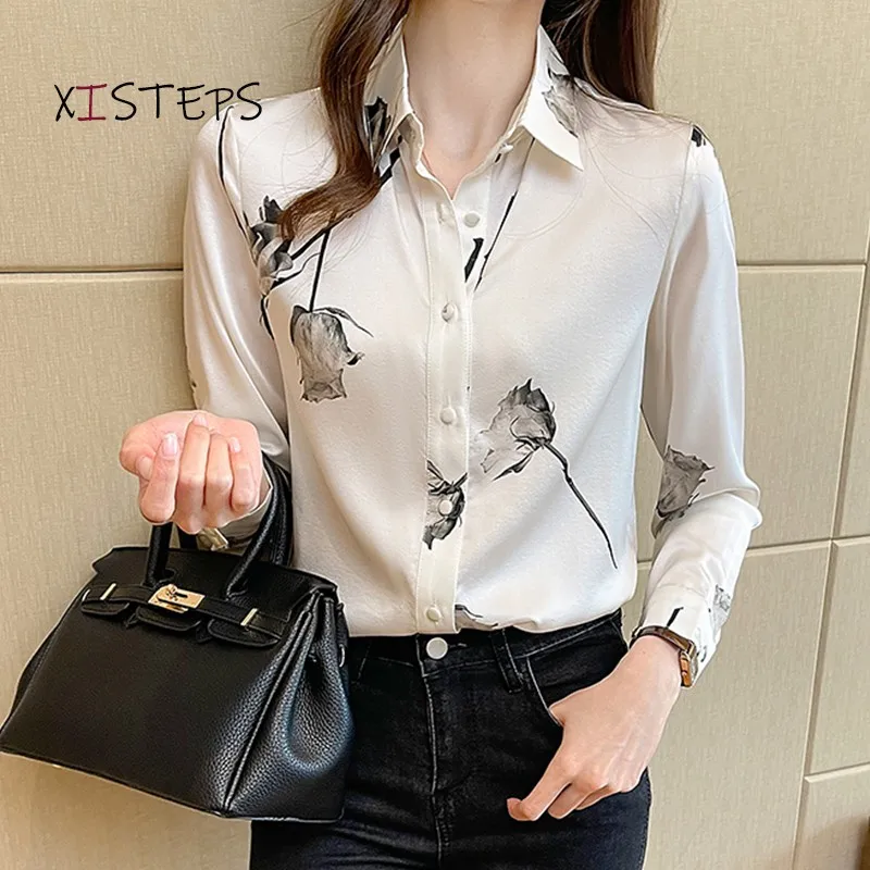 

Elegant Chiffon Blouses Women Floral Printed Office Lady White Shirts Long Sleeve Single Breasted Female Tops 2021 Femme Blusas