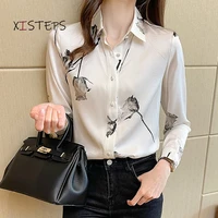 elegant chiffon blouses women floral printed office lady white shirts long sleeve single breasted female tops 2021 femme blusas