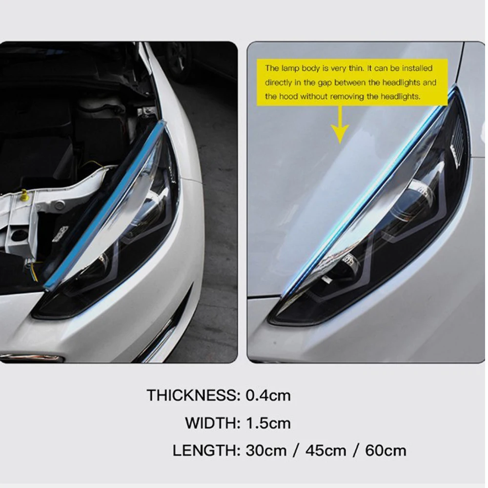 

2pcs LED DRL Car Daytime Running Light Flexible Waterproof Strip White Turn Signal Yellow Brake Flow Lights Auto Headlights