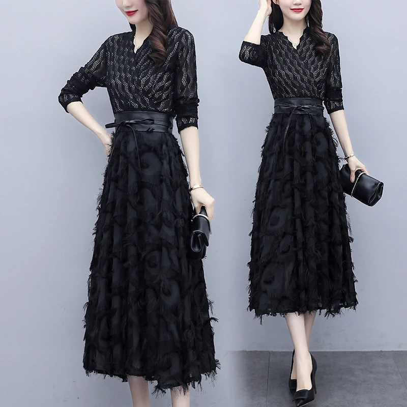 

Women Sexy Evening Midi Dress Long Sleeve Party Cocktail Night Birthday Patchwork tassels A-Line Elegant Dresses For 100KG Woman