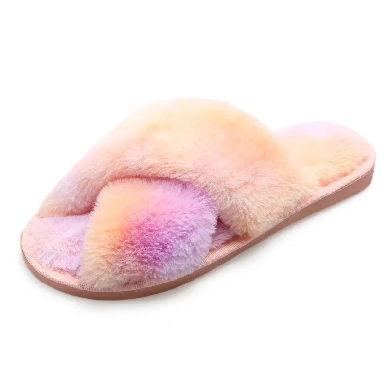 

2021 Women House Sandals Faux Fur Fashion Warm Shoes Woman Slip on Flats Female Slides Black Pink Cozy Home Sandalias De Mujer
