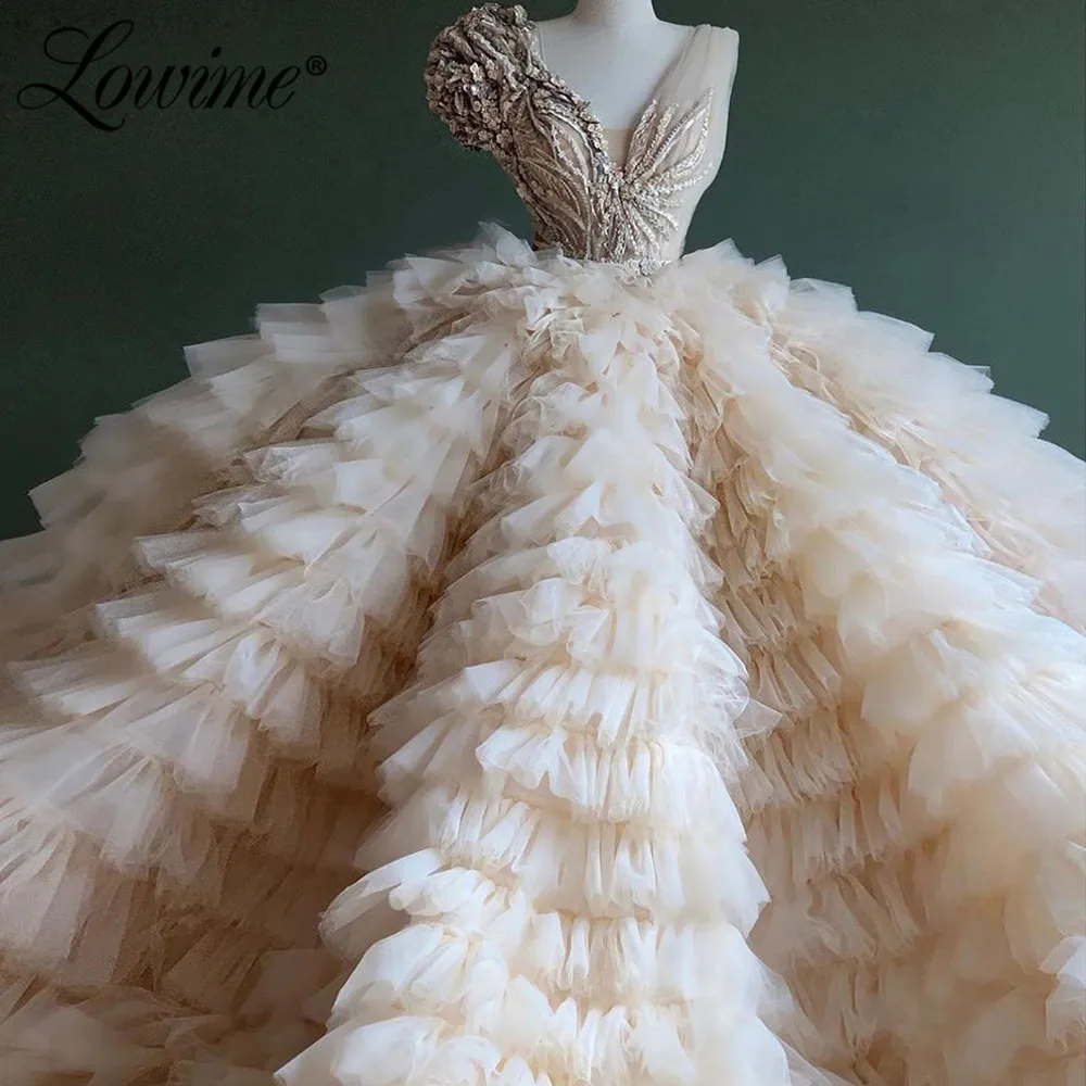 

Puffy Tulle Party Dresses 2020 Arabic Dubai Champagne Formal Evening Gowns Dubai V Neck Custom Made Prom Dress Vestidos De Festa