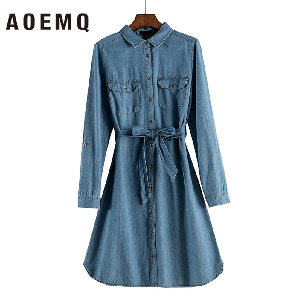AOMEQ джинсовая синяя рубашка осеннее платье с отложным воротником ТРАПЕЦИЕВИДНОЕ