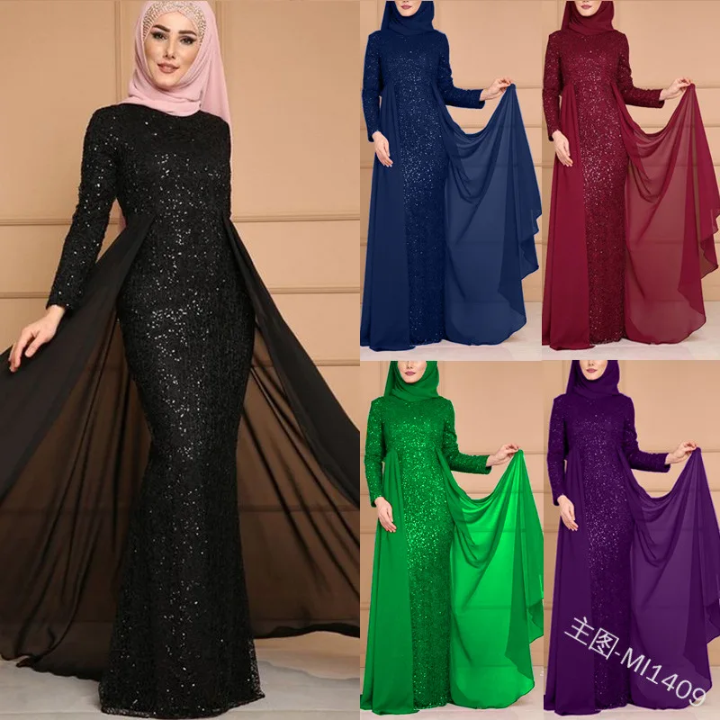 Длинное мусульманское платье-Абая, с блестками, элегантный вечерний кардиган, кимоно, длинное платье, на восток, на ИД, Рамадан, исламский