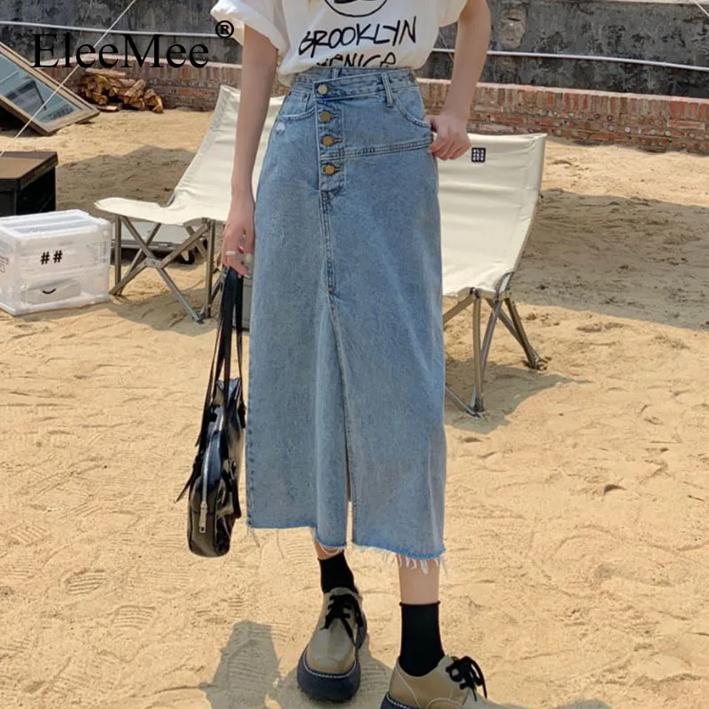 

EleeMee 2021 Spring/Summer Denim Skirt A Line Solid Color Packet Kick Pleat Single Breasted High Waist Slimming Size S-L