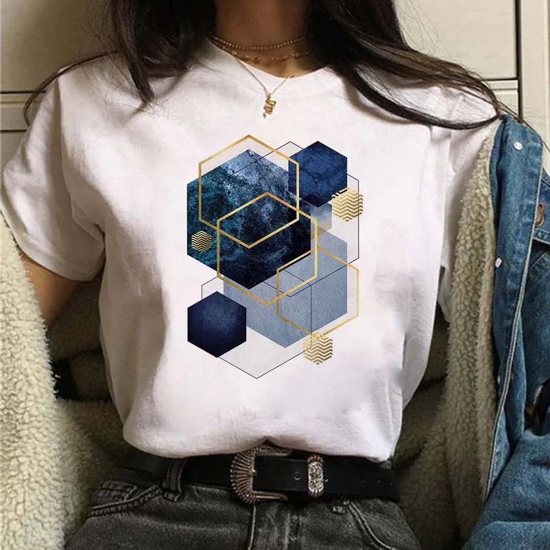 

New Fashion Geometric Print T Shirt Women White Tshirt Harajuku 90s Ulzzang Girls T-shirt Leisure Female Tops Oversized Clothes