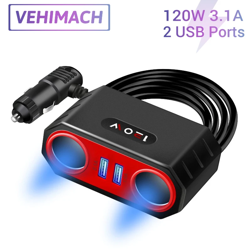 

Зарядное устройство для прикуривателя, 120 Вт, 12 В/24 В, а, два USB-порта, быстрая зарядка, зарядное устройство для смартфонов, ноутбуков, камер, ви...