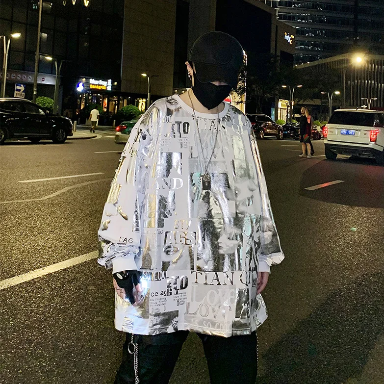 

2021 Spring New Men Pullover Glossy Letter Print Sudadera Hombre Fashion Party Male Clothing Hip Hop Streetwear Loose Couple Top
