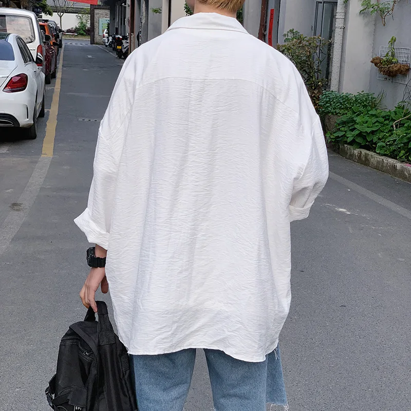 

MRDONOO Men's Cotton Linen Embossed Solid Color Long-Sleeved Causal Shirt Trend Loose Wild Drop Shoulder Sun Protection Shirt
