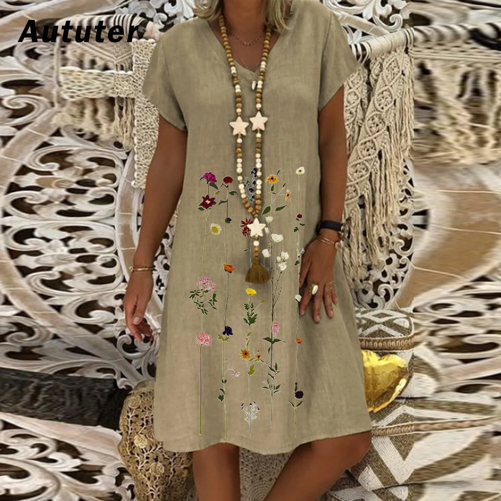 Платье женское хлопково льняное с коротким рукавом винтажный вечерний сарафан V