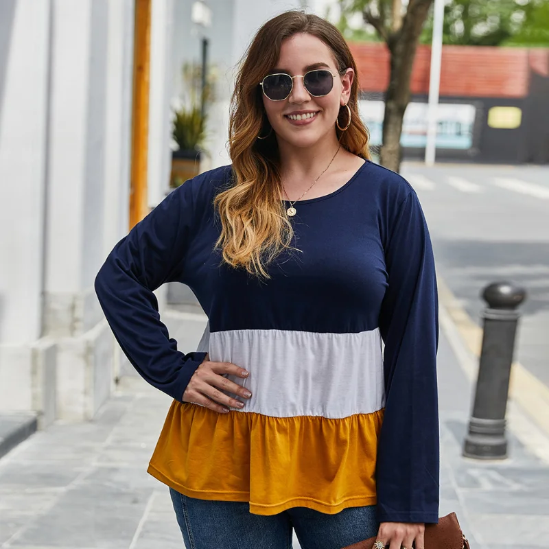 HOUZHOU Plus Size Women Clothing Patchwork Long Sleeve T-shirt Casual Loose Ruffle Stripe Tops Spring Autumn Outfits Blouse