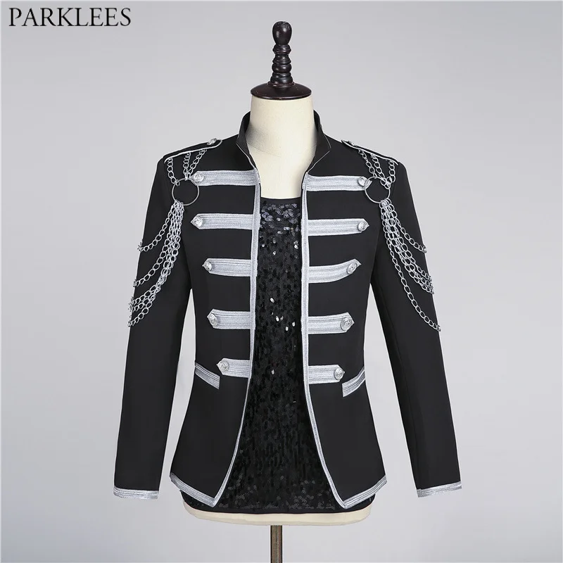 Mens Black Steampunk Gothic Blazer Jacket Fashion Chain Decoration Double Breatsed Blazers Men Party Prom Rock and Roll Costumes