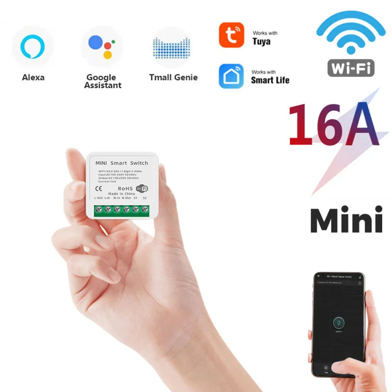 Mini interruptor de relé inteligente, módulo de interruptor de luz inteligente con WiFi, Compatible con Smart Life/Tuya App, Compatible con altavoces Alexa y Google Home