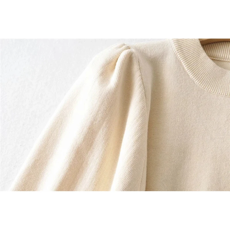 

Sukibandra Autumn Long Lantern Sleeve Beige Knitted Sweater for Woman Elegant Vintage Turtleneck Women Clothes Fall Sweaters