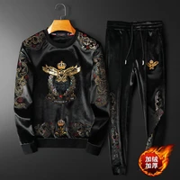 2021 winter plus velvet mens round neck casual suit high end embroidery crown eagle padded two piece set