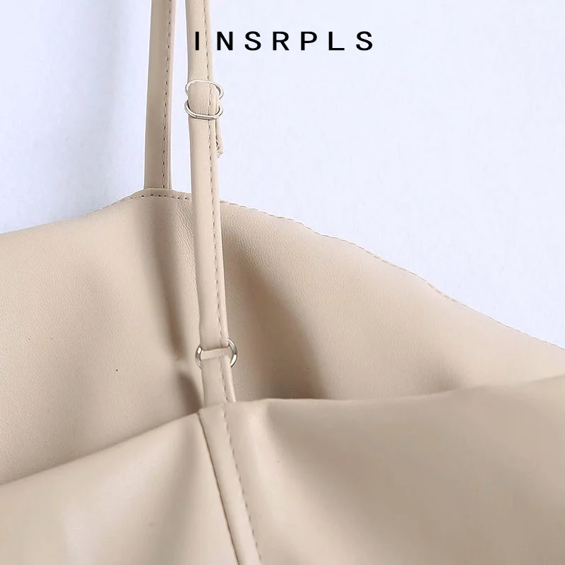 

INSRPLS Women Chic Fashion Faux Leather Midi Dress Vintage Backless Thin Straps Female Dresses Vestidos Mujer