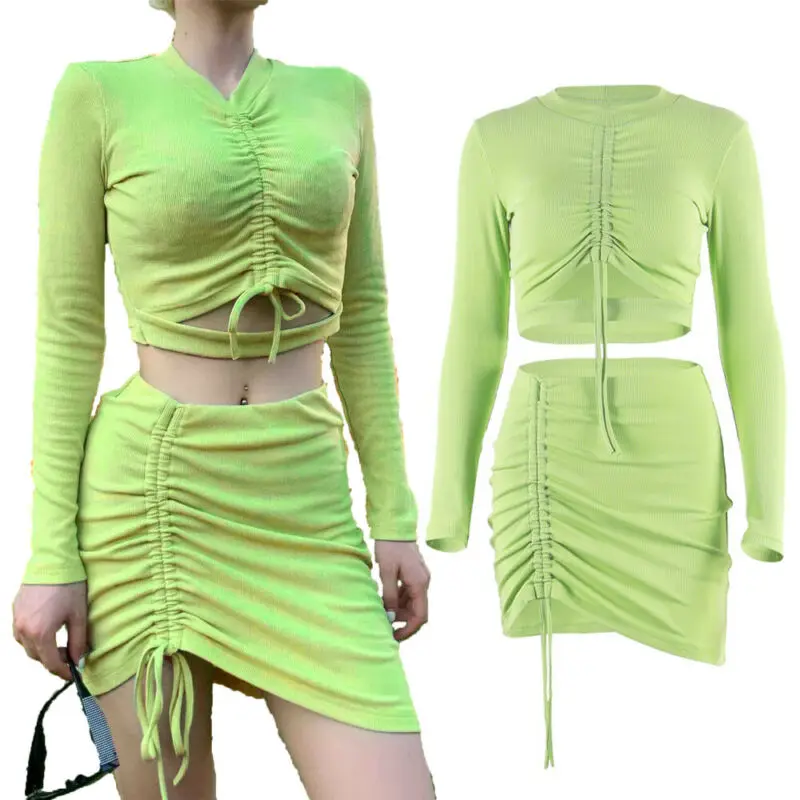 Новые осенние Мода Женский комплект 2 шт. Топ Мини юбка-карандаш зеленого цвета