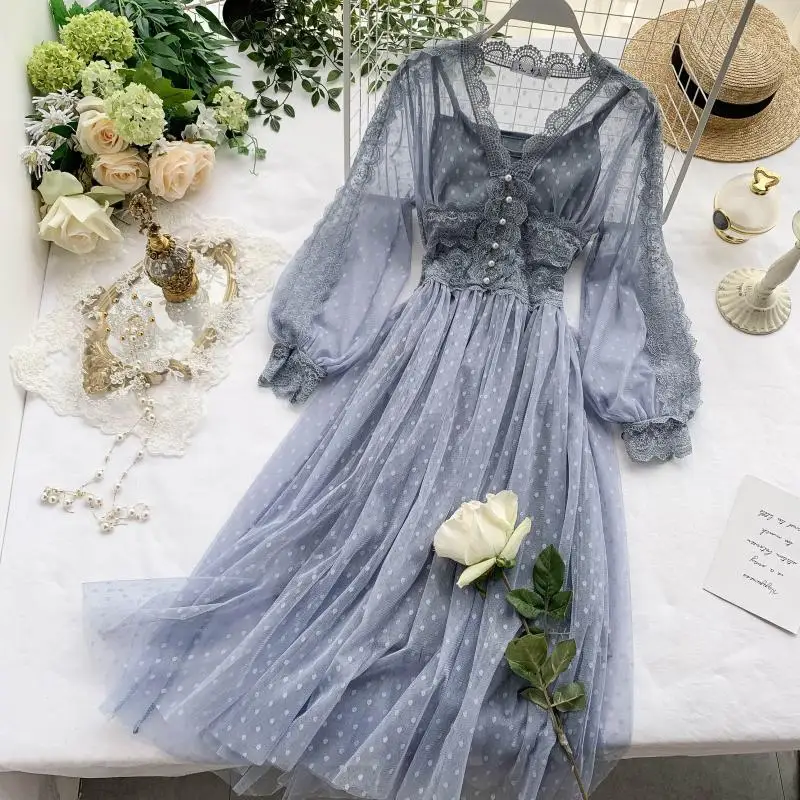 

Ladies Spring Summer New 2021 Fairy Sweet Tender Gauze Dress Lace Puff Sleeve High Waist V Neck Chic Solid Dress