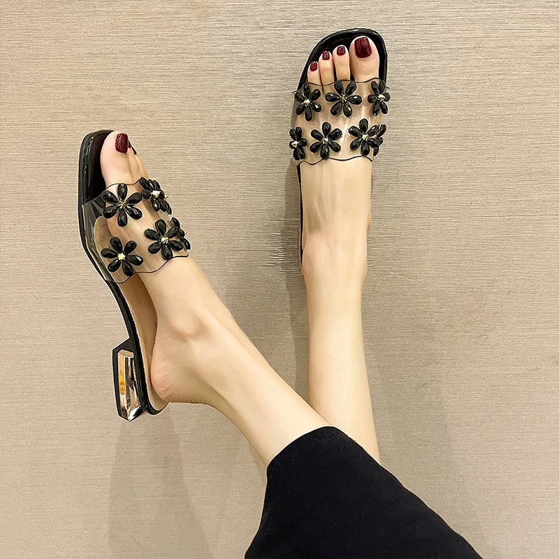 

Shoes Flower Slippers Casual Slipers Women Slides Med Low Luxury 2021 Summer Floral Hoof Heels Rubber Bonded Leather PU Fashion