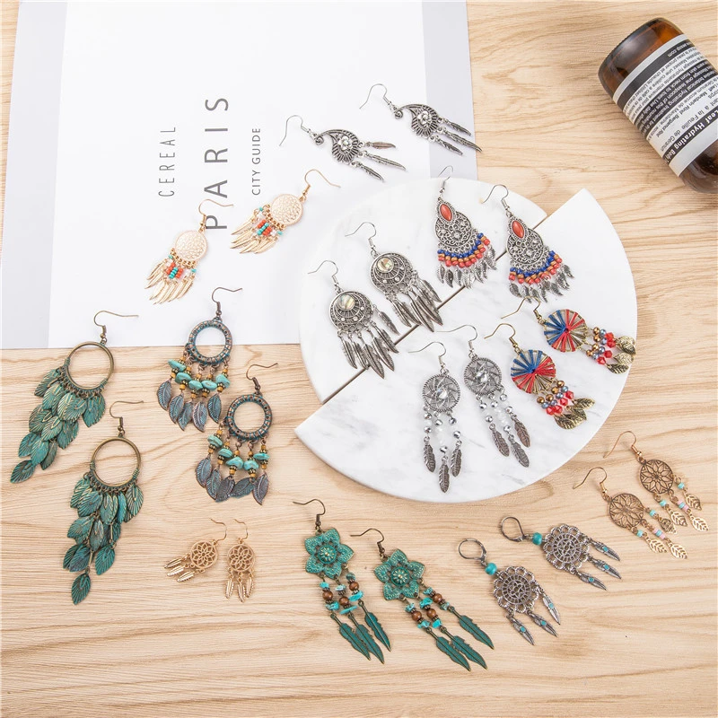 Женские винтажные этнические серьги подвески Boho длинные висячие с листьями и