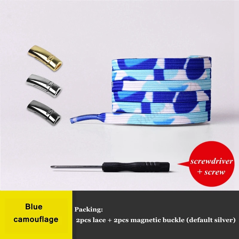 Blue camouflage 1 пара, плоские шнурки с металлической магнитной пряжкой, эластичные шнурки без завязок, шнурки для обуви для детей и взрослых, кроссовки унисекс, шнурки, шнурки для быстрой носки - Color: Blue camouflage