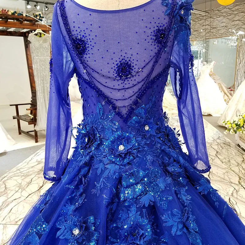 LS3111 синие кружева 3d цветы вечернее платье длинный рукав o образным вырезом назад a