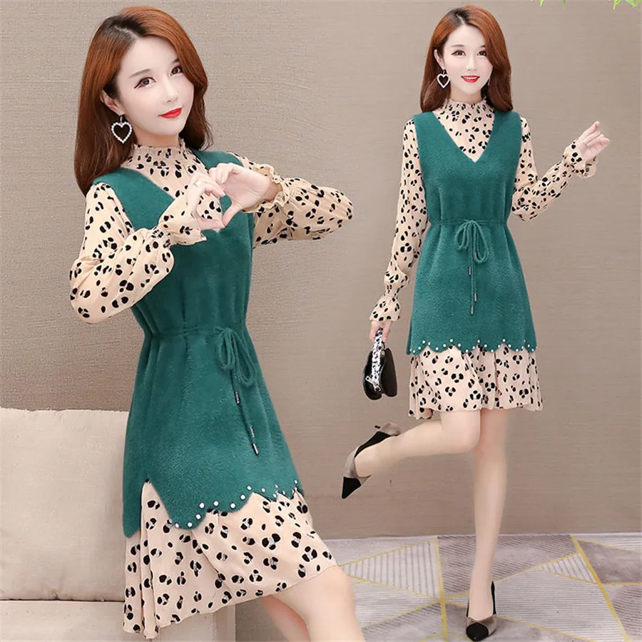 

2021 Winter Woman Casual Oversize Sweater vest Sleeveless and Dress Femlae Thick Knitted Long Vests Lady Dress suit