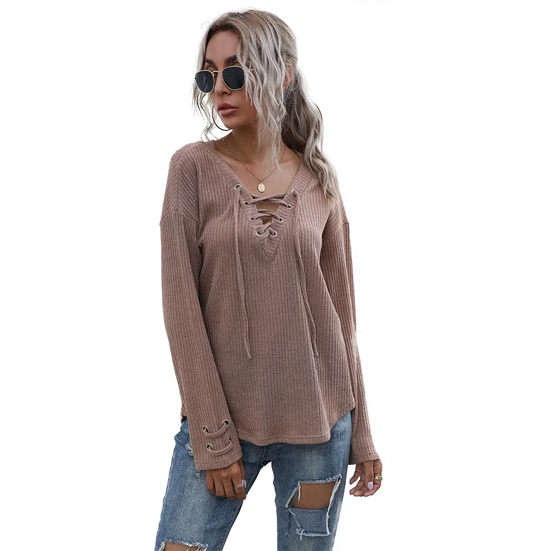 

Autumn and winter versatile long sleeve grey V-neck solid color Pullover loose knit undercoat for women