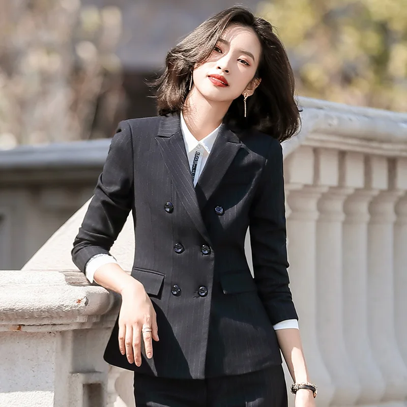 Women's Suit with A Skirt Office Uniform Design Women Blazer and Skirt Set Striped 2 Pieces Double Breasted Blazer Skirt Suit