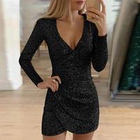 fall winter long sleeve party dress womens sexy silver sequined dress deep v neck sequined mini skinny dress