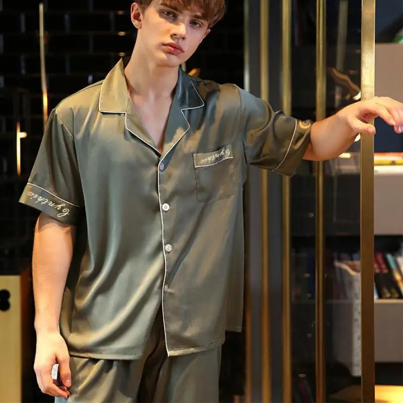 

New Spring Summer And Sexy Nightwear Long Sleeve Sleep Set Satin Home Clothing Sleepwear Autumn Couple 2PCS Pajamas Suit