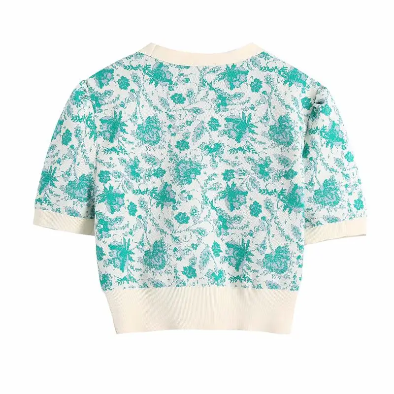 

ZA Summer Women V-Neck Knitted Sweater 2021 Floral Printed Short Sleeve Loose Vintage Sweater Single Breasted Top Lady Outwear
