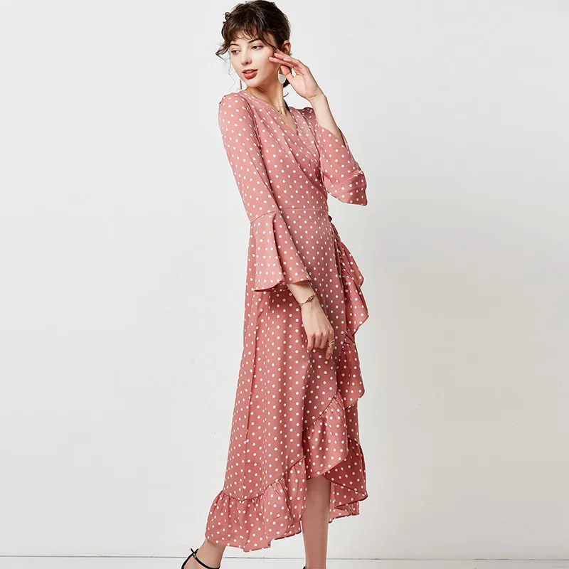 Женское длинное платье-туника HiloRill Повседневное платье в горошек с оборками