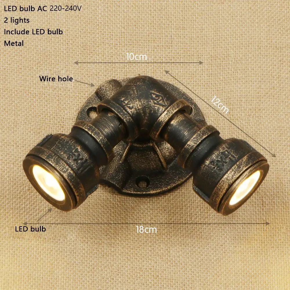 Светильник настенный винтажный с двумя лампами LED, выполненный в стиле лофт-индастриал из железа с ржавой отделкой "водопроводная труба" для спальни, ресторана, бара, ванной комнаты.