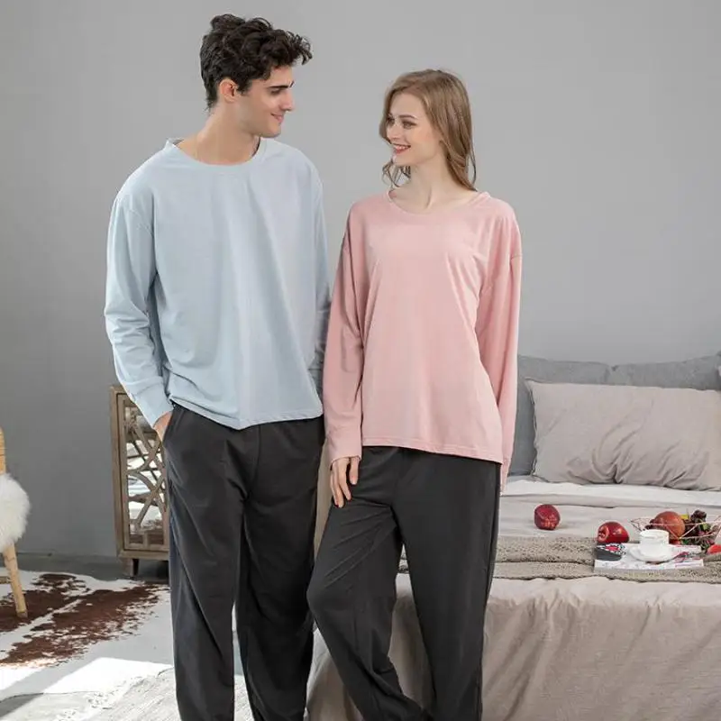 

Plus Size 2021 New Two-piece Pajamas Set Couple Plain O Neck Cotton Nightwear Sleepwear Women Men Pullover Home Clothese