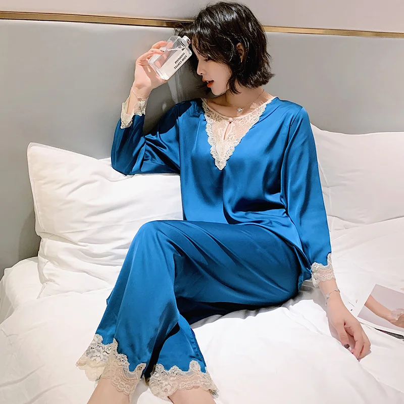 

Pajamas New Silk Spring Autumn Two Piece Set Thin Long Sleeve Lace Loose Home Service Women Solid Color Night Suit