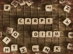 Carpe Diem in scabble Letters Vintage Style Metal Sign Wall Plaque 8 by 20 Inches Tin Sign