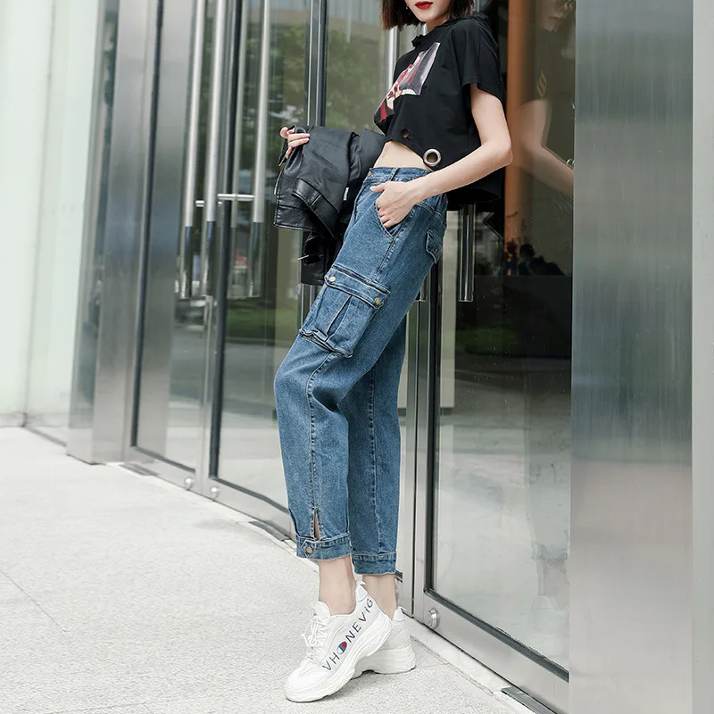 Джинсы с высокой талией женские широкие брюки джинсы карманами повседневные