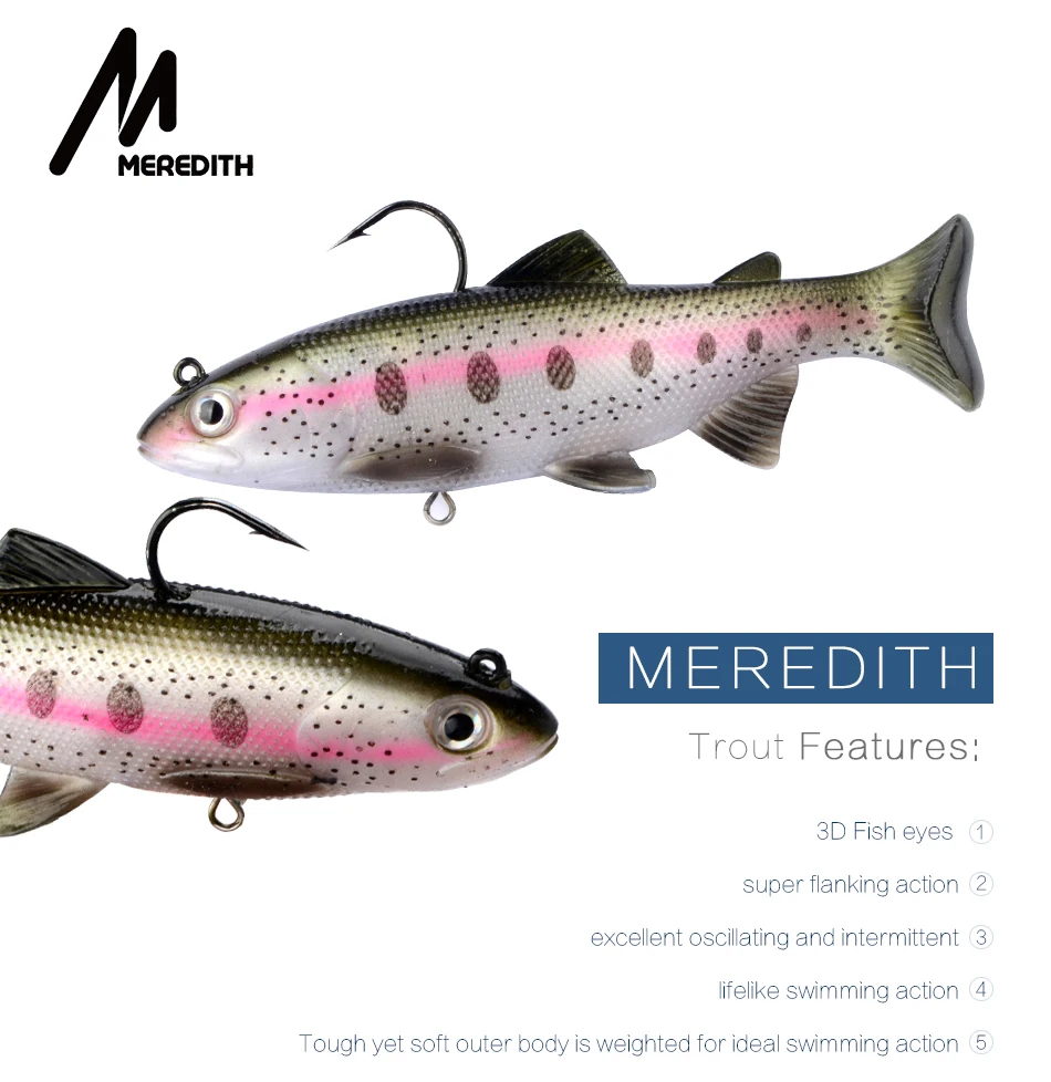 MEREDITH 12 см 15 см форель свинцовая головка ПВХ рыболовные приманки для плавания искусственные приманки Т-образный хвост силиконовые свинцовые мягкие приманки наживка воблеры