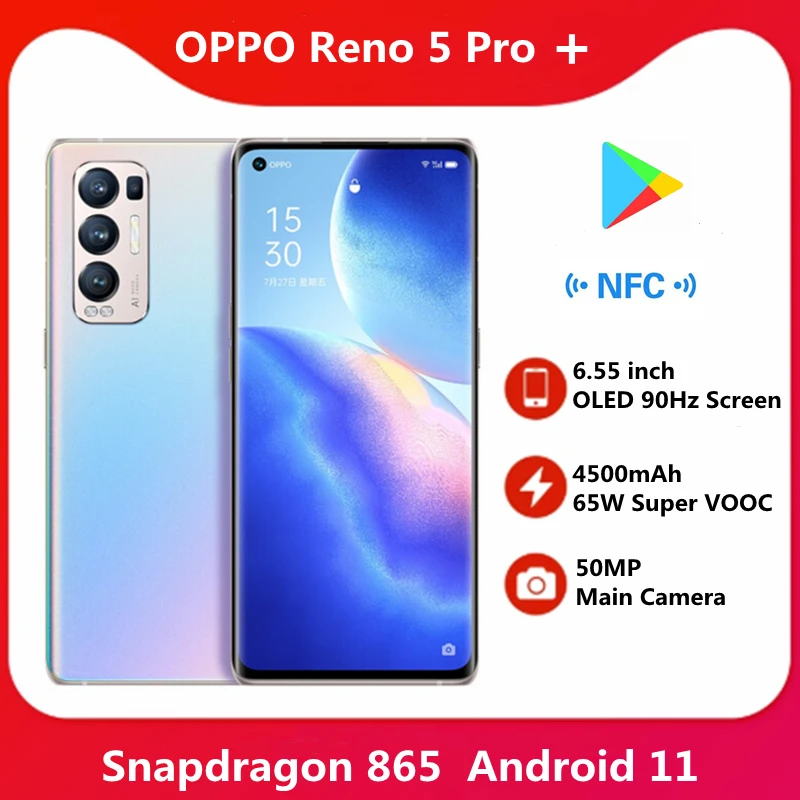 Смартфон OPPO Reno 5 Pro + Plus 6 55 дюйма OLED 90 Гц 65 Вт Super VOOC 4500 мА * ч Android 11 цветной OS11