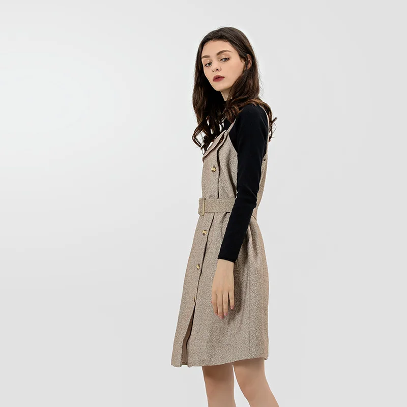 CMAZ Элегантное осенне зимнее повседневное изящное платье на пуговицах с поясом.