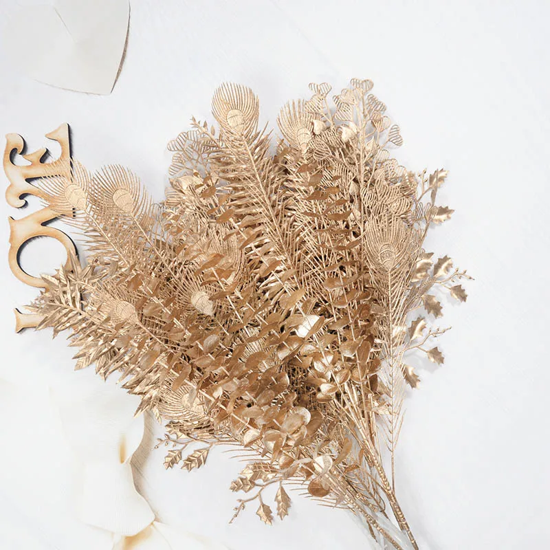 1 бутон золотой искусственный цветок перо павлина кленовый лист эвкалипт