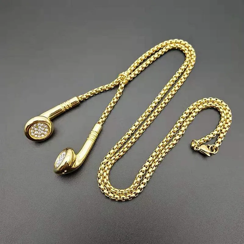 

Men Hip hop earphone pendant necklaces Stainless Steel with AAA CZ stone fashion Hiphop necklace jewelry Gifts Drop shipping