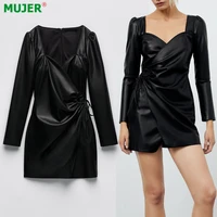 za faux leather dress woman black wrap short dresses for women 2021 long sleeve pleated female dress vintage casual mini dress