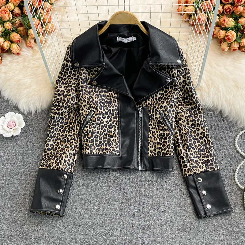 

Leopard Print Leather Coat Women's Autumn Winter 2021 Leisure Fashion Girl Motorcycle Clothes Short Leather Jacket Top