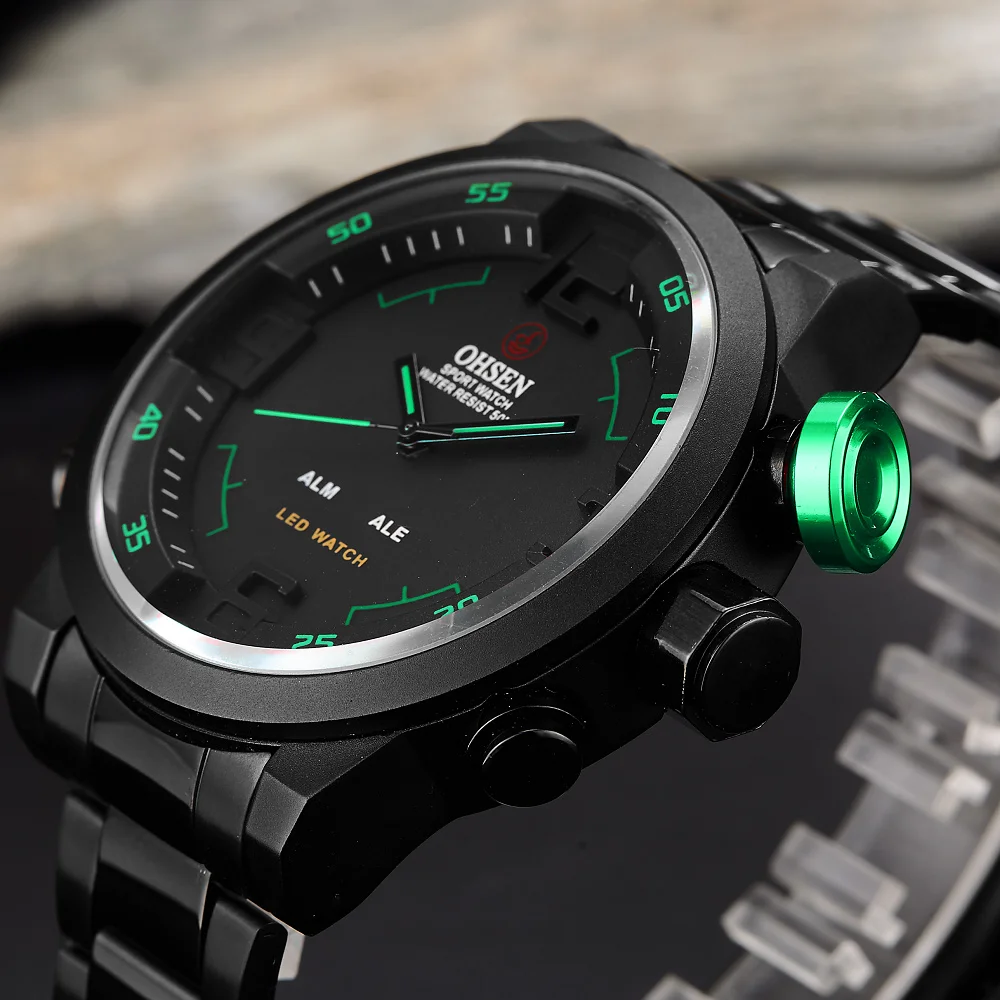 

Big Case Mens Stainless Steel Analog Military Army Alarm Dual Time Display LED Diving Sports Wrist Watch
