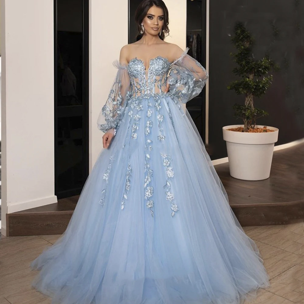 

Glamorous Sky Blue Wedding Dresses Lace Appliques Off Shoulder Lace Up Long Sleeves Floor Length Bridal Gowns Vestido de novia